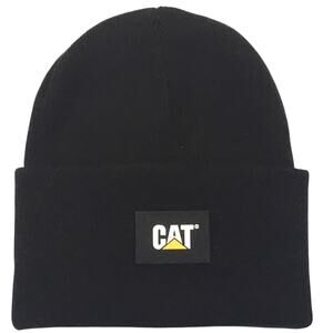 Caterpillar Black Cap Hat CAT Knit Beanie Cuff Logo Tab NWOT